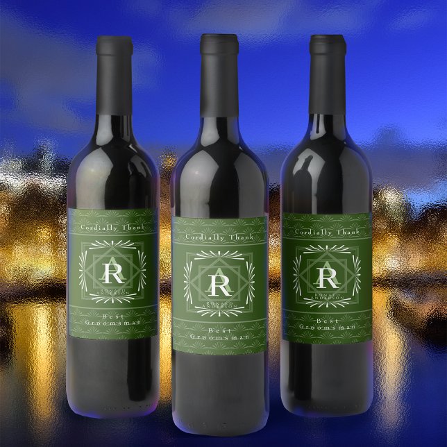 Stylish Frame Green Monogram  Wine Label (Modern stylish Monogram Design. )