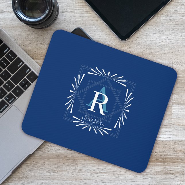 Stylish Frame Navy Monogram Mouse Pad (Modern Stylish Design. Suitable as a gift for male friends or family member.)