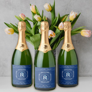 Stylish Frame Navy Monogram  Sparkling Wine Label