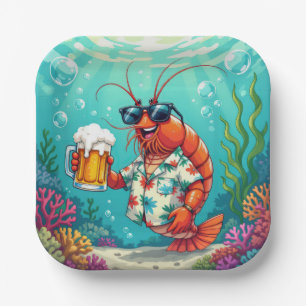 Stylish Fun Shrimp With a Glass of Beer Paper Plate