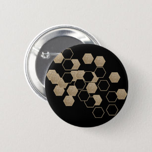 stylish geometric black and gold hexagon pattern 6 cm round badge