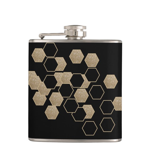 stylish geometric black and gold hexagon pattern hip flask (Front)