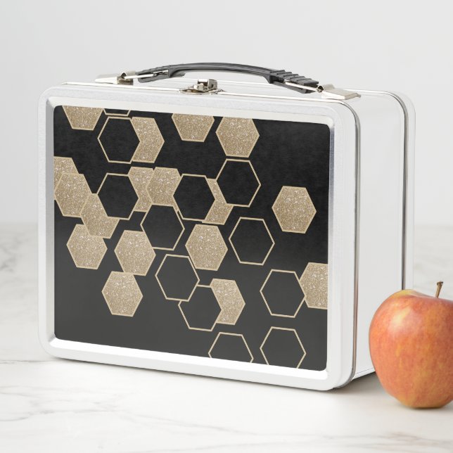 stylish geometric black and gold hexagon pattern metal lunch box (In Situ)