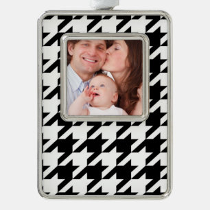 stylish geometric black white houndstooth pattern silver plated framed ornament