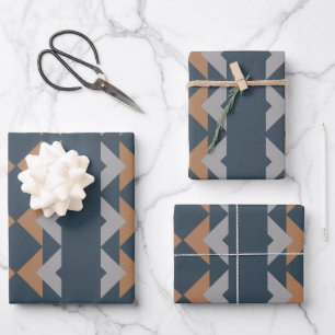Stylish Geometric Kilim Navy Blue Brown Pattern Wrapping Paper Sheet