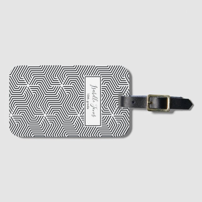 stylish geometric script personalised school luggage tag (Front Horizontal)