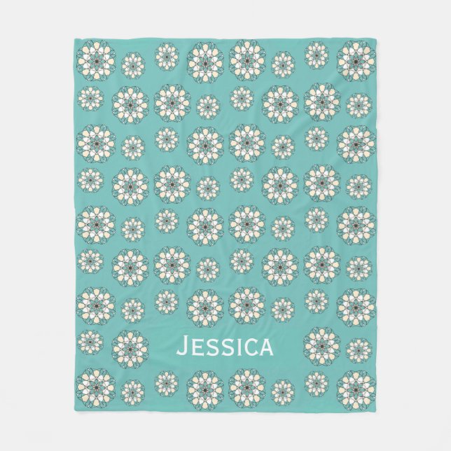 Stylish Geometric Teal Floral Mandala Personalised Fleece Blanket (Front)