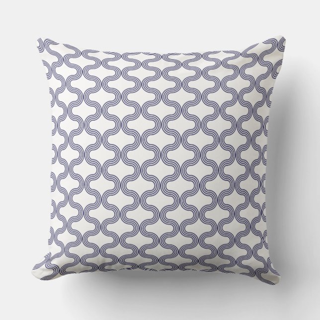 Stylish Geometric Wave Pattern Navy White Cushion (Front)