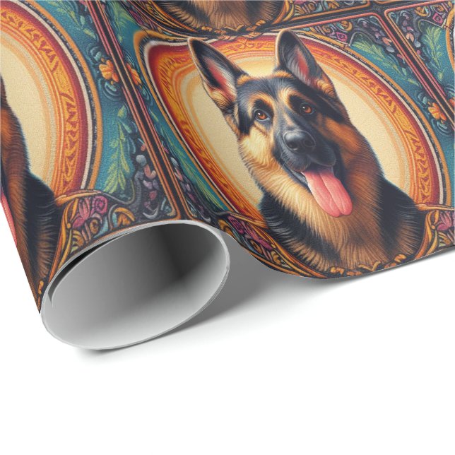 Stylish German Shepherd Dog Colourful Frame Wrapping Paper (Roll Corner)