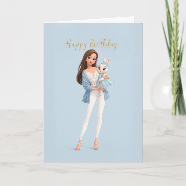 Stylish Girl in Blue Lace w/ Cute Bunny BDay Card (Front)