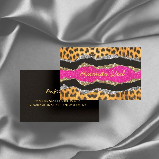 Stylish girly animal print pink glittery monogram  business card (Creator Uploaded)