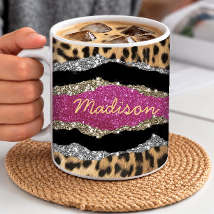 Stylish girly animal print pink glittery monogram coffee mug