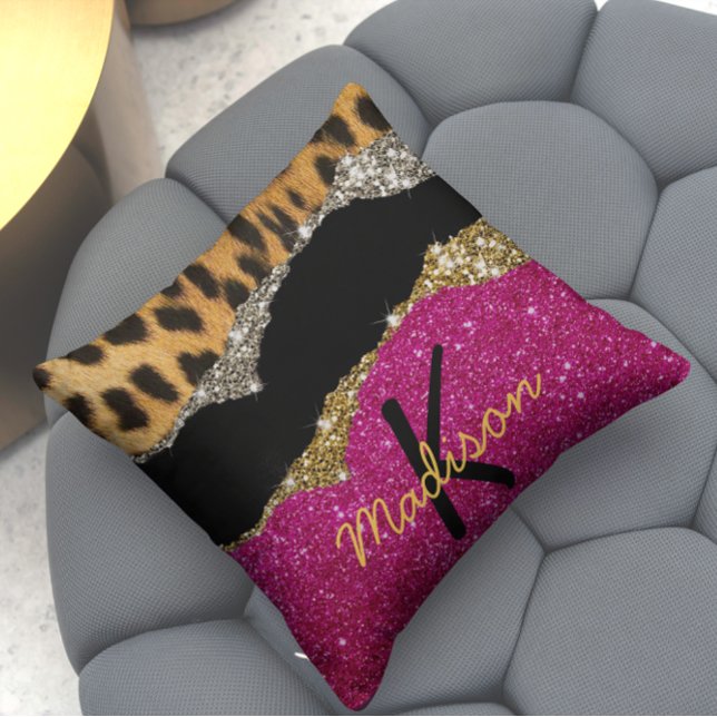 Stylish girly animal print pink glittery monogram cushion (Creator Uploaded)