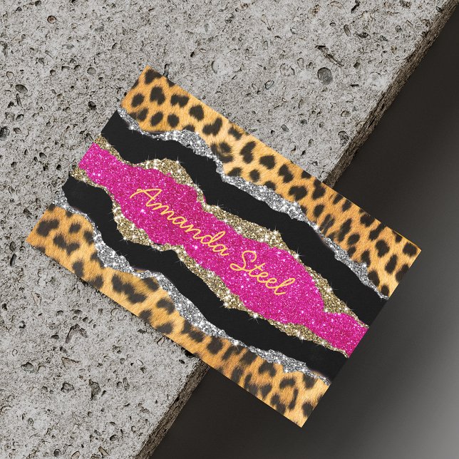 Stylish girly animal print pink glittery monogram  magnetic business card (Creator Uploaded)