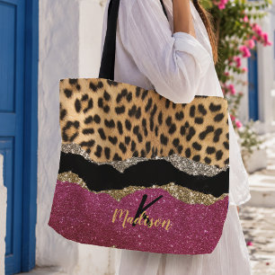 Stylish girly animal print pink glittery monogram tote bag