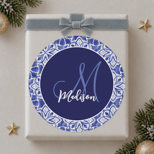 Stylish Girly Blue Grey Classic Monogram Initial Round Sticker