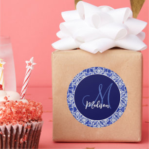 Stylish girly blue grey initial monogrammed classic round sticker