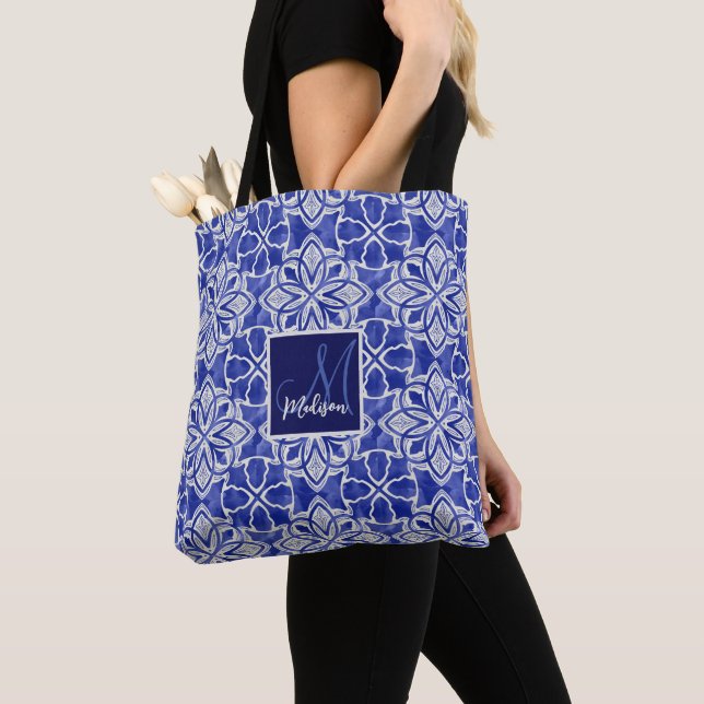 Stylish girly blue grey initial monogrammed  tote bag (Close Up)