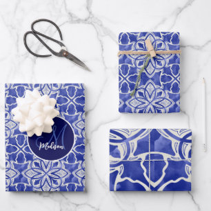 Stylish girly blue grey initial monogrammed  wrapping paper sheet