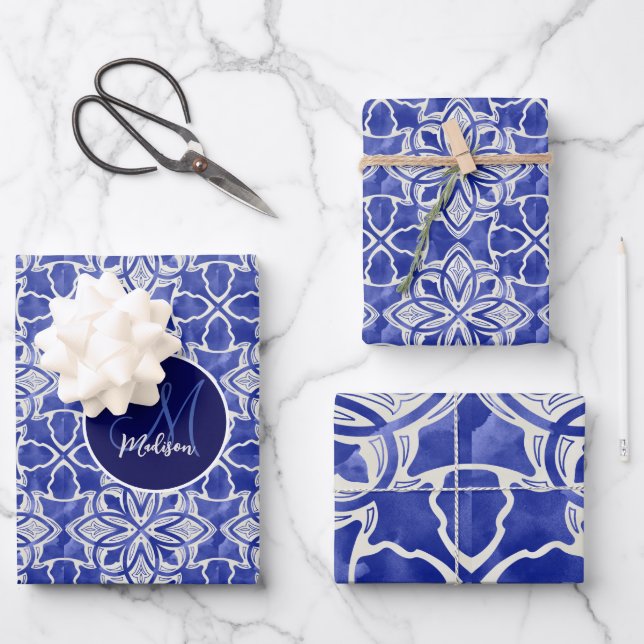 Stylish girly blue grey initial monogrammed  wrapping paper sheet (Front)