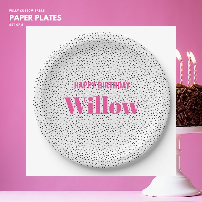 Stylish Girly Bold Pink Polka Dot Happy Birthday Paper Plate (Creator Uploaded)