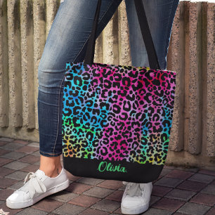 Stylish Girly Colourful Rainbow Neon Monogram Tote Bag