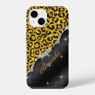 Stylish girly faux glitter animal print Monogram iPhone 14 Case
