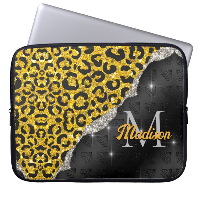 Stylish girly faux glitter leopard print Monogram Laptop Sleeve (Front)