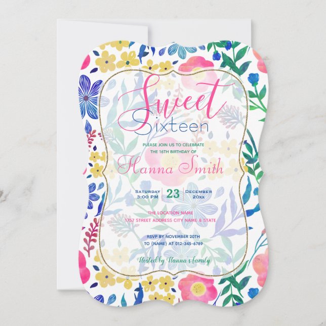 Stylish girly pink flowers hand paint design invitation (Front)