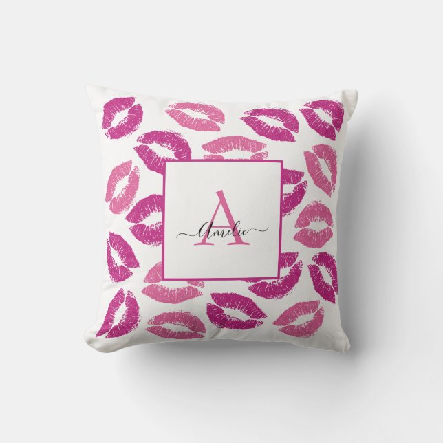 Stylish Girly Pink Kisses Lips Monogram Name Cushion (Front)