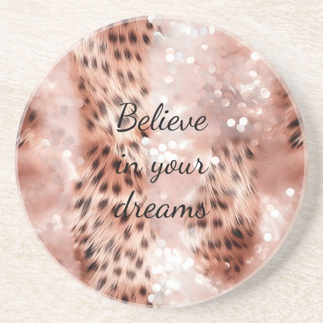 Stylish Girly Pink Rose Gold Leopard Glitz Coaster (Front)