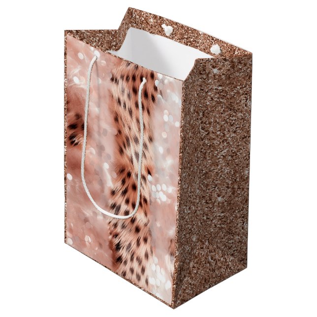 Stylish Girly Pink Rose Gold Leopard Glitz Medium Gift Bag (Front Angled)