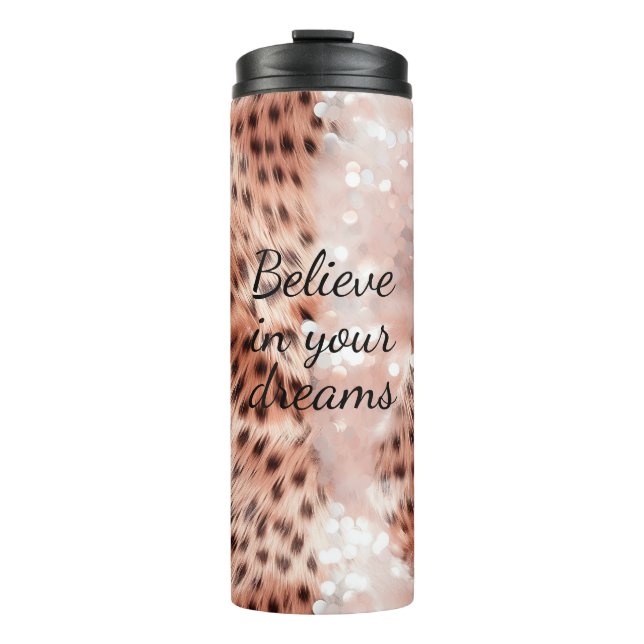 Stylish Girly Pink Rose Gold Leopard Glitz Thermal Tumbler (Front)
