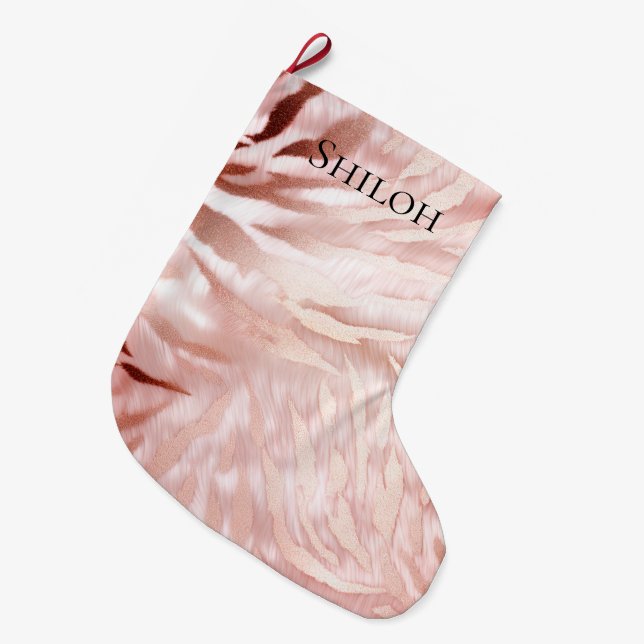 Stylish Girly Pink Rose Gold Zebra Glam Glitz  Large Christmas Stocking (Front (Hanging))
