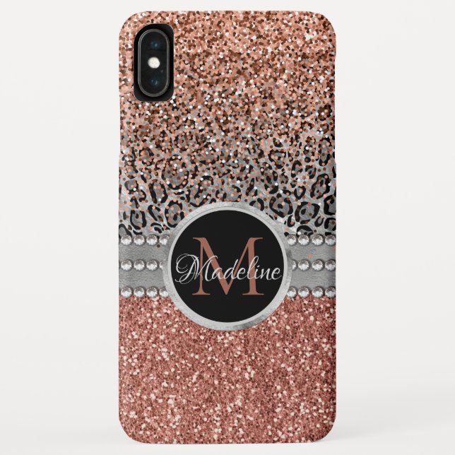 Stylish Girly Rose Gold Glitter Leopard  Monogram Case-Mate iPhone Case (Back)