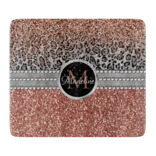 Stylish Girly Rose Gold Glitter Leopard Monogram Cutting Board