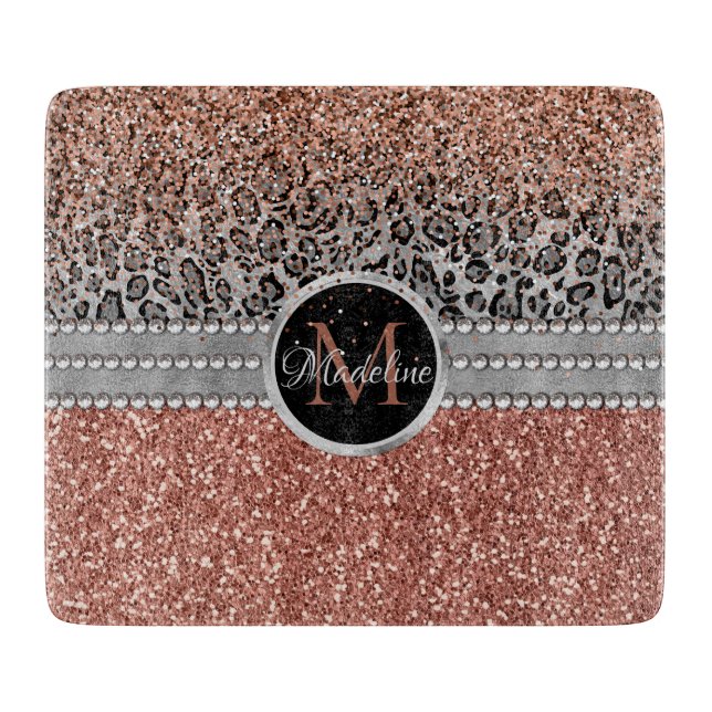 Stylish Girly Rose Gold Glitter Leopard Monogram Cutting Board (Front)