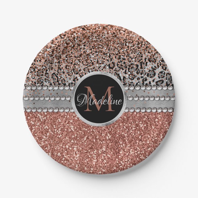 Stylish Girly Rose Gold Glitter Leopard  Monogram Paper Plate (Front)