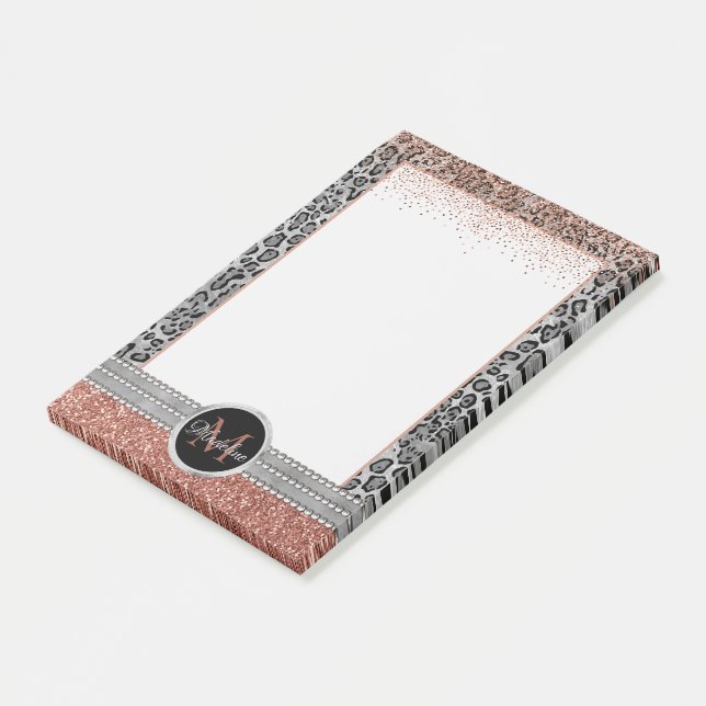 Stylish Girly Rose Gold Glitter Leopard Monogram Post-it Notes (Angled)