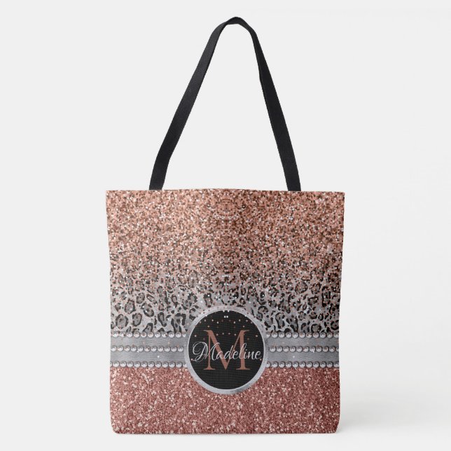 Stylish Girly Rose Gold Glitter Leopard Monogram Tote Bag (Front)