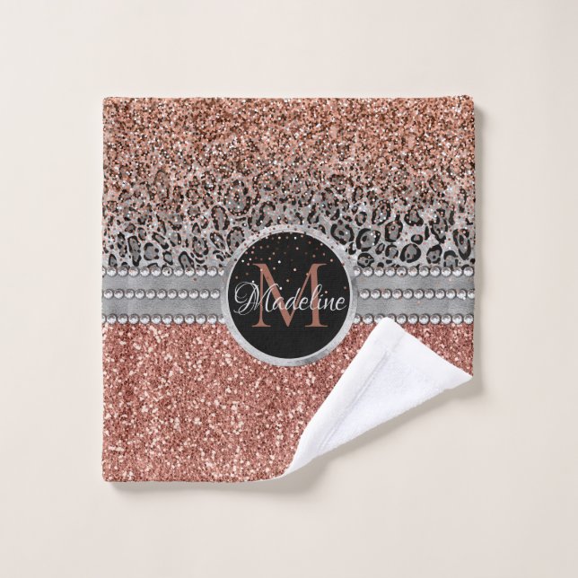 Stylish Girly Rose Gold Glitter Leopard Monogram Wash Cloth (Wash Cloth)