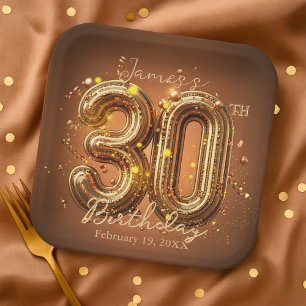 Stylish Glam Brown and Gold 30th Birthday Paper Plate