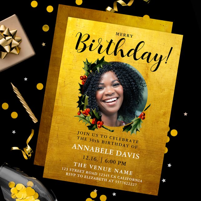 Stylish Glam Gold Christmas Wreath Birthday Photo Invitation (Creator Uploaded)