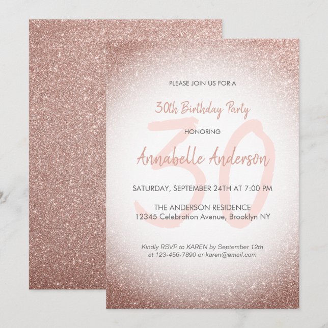 Stylish Glam Pink Rose Gold Sparkle 30th Birthday Invitation (Front/Back)