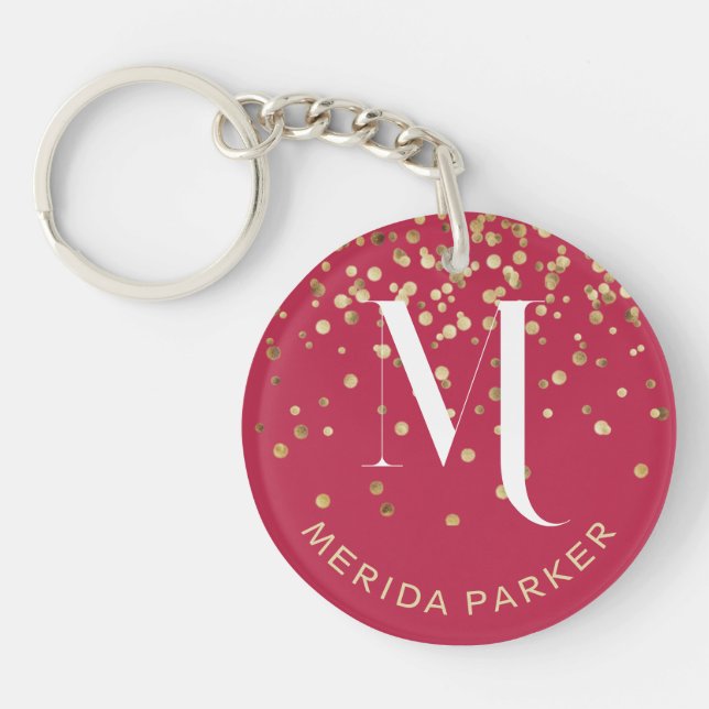 Stylish Glam Red Gold Glitter Initial Monogram  Key Ring (Front)