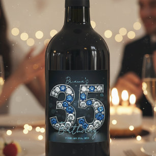 Stylish Glam Sapphire Diamond 35th Birthday Wine Label