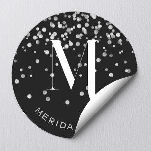 Stylish Glam Silver Glitter Name Black Monogram  Classic Round Sticker