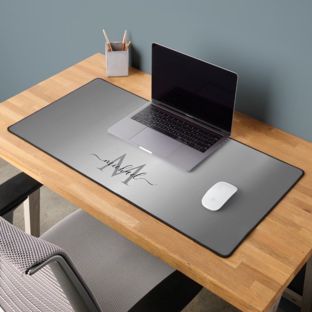 Stylish Glamour Silver Custom Name Monogrammed Desk Mat (Office 2)