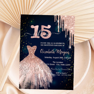 Stylish Glitter Drips Dress Navy Blue 15th Invitation