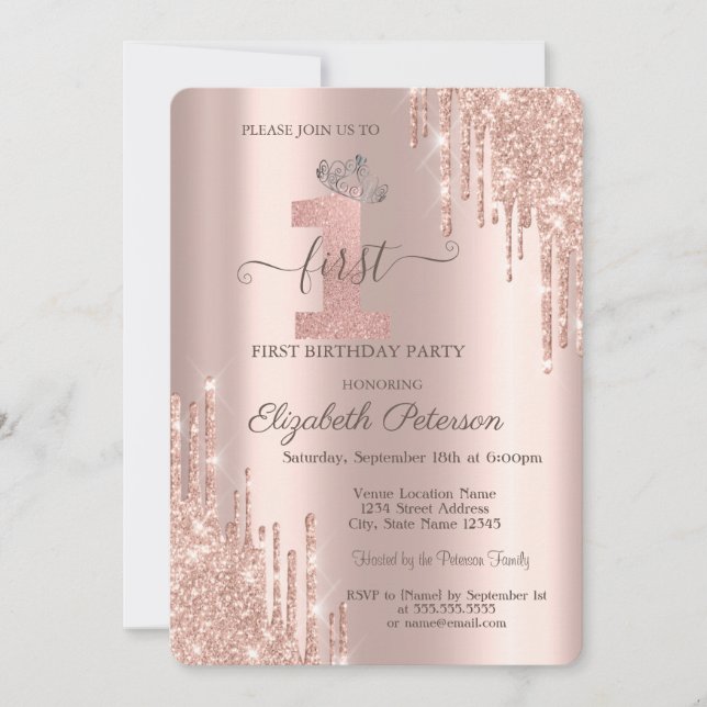 Stylish Glitter Drips Rose Gold Silver Tiara 1st  Invitation (Front)